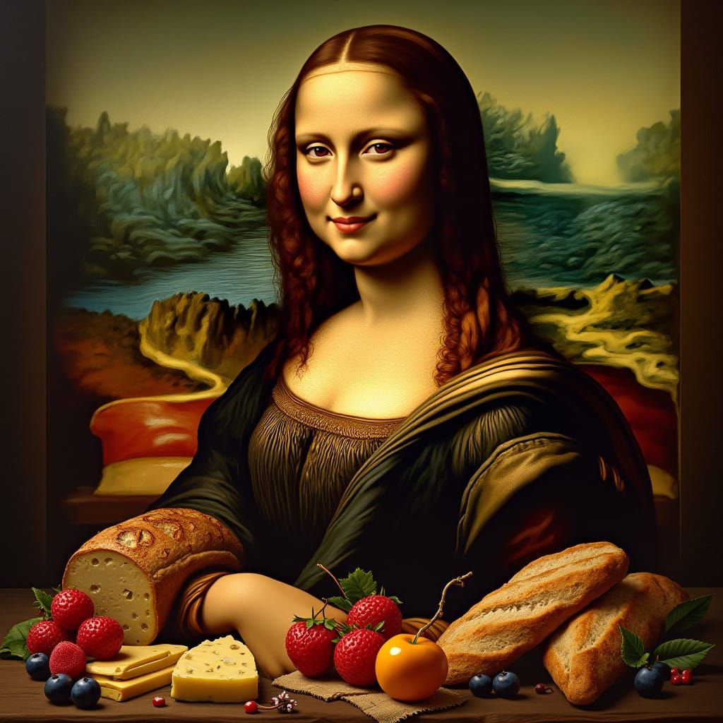 Mona Lisa Surrounded by Gourmet Delights in Luxurious Art No...