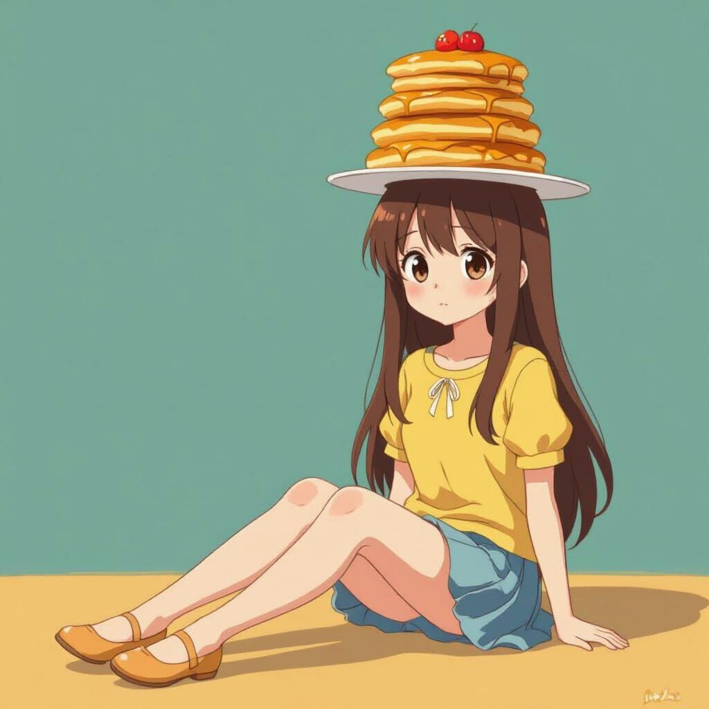 Anime Girl with Pancake Hat in Soft Pastel Tones