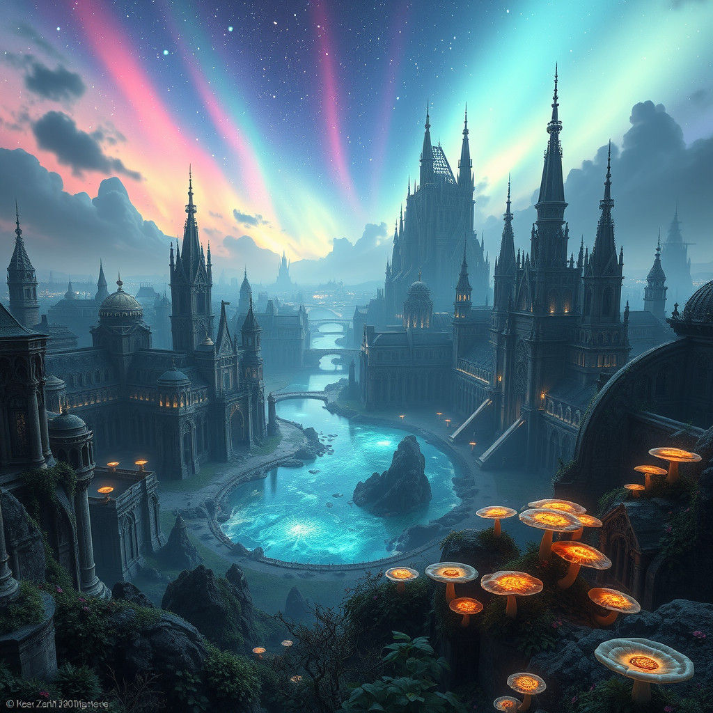 Mystical Cityscape in Dreamlike Aurora Realm