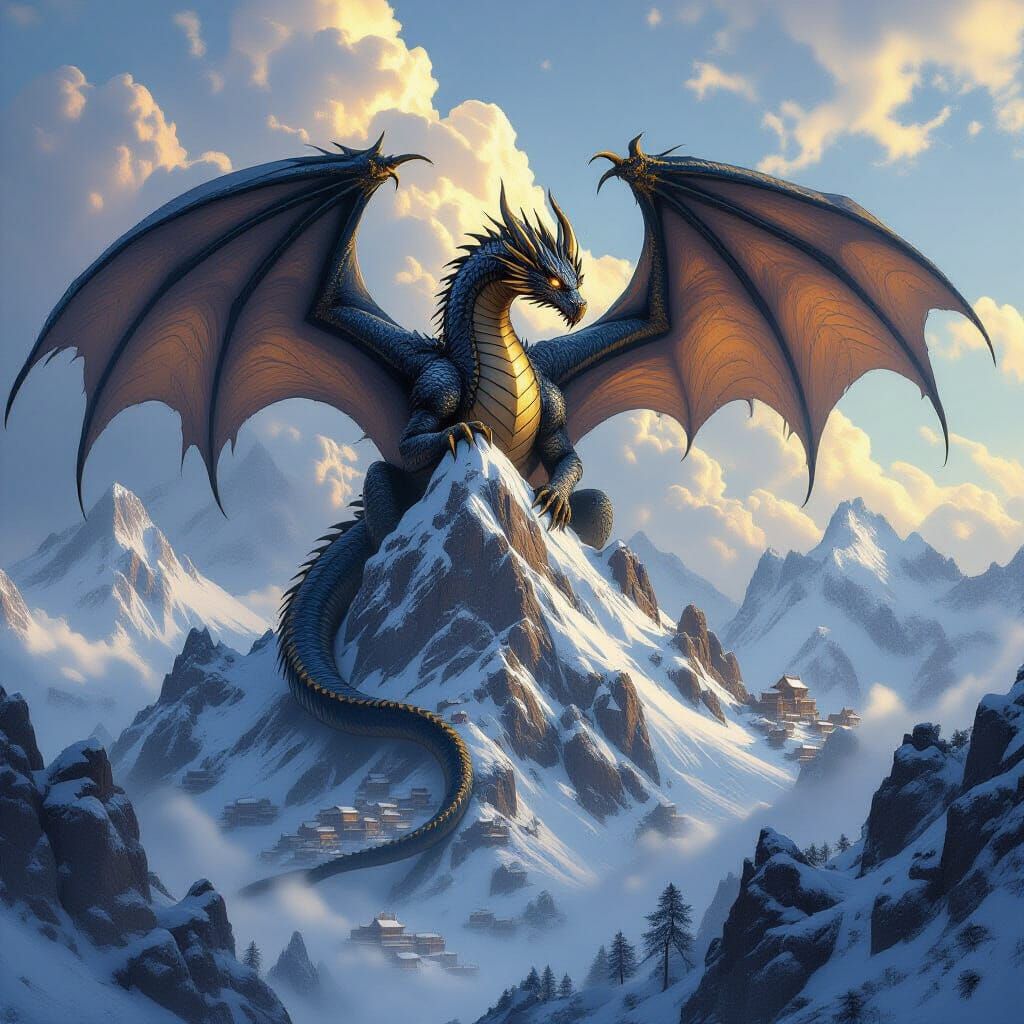 Colossal Dragon on Snowy Mountain Peak