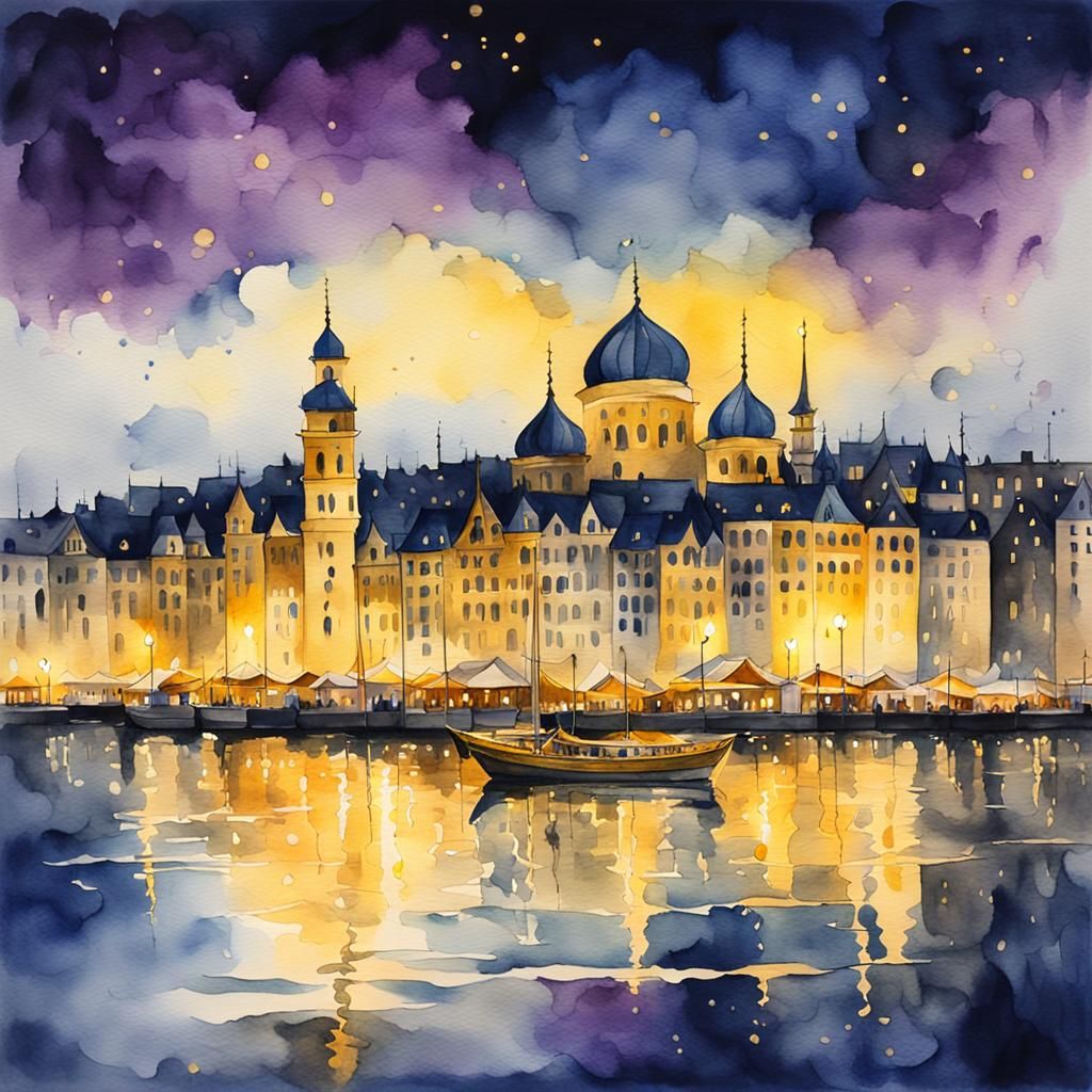 Majestic City Shines at Night: Watercolor Painting