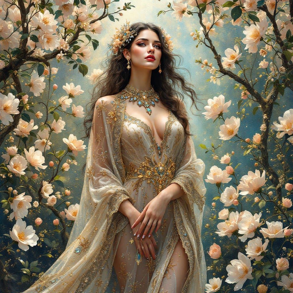 Majestic Maiden Amidst Blooming Florals in Art Deco Style