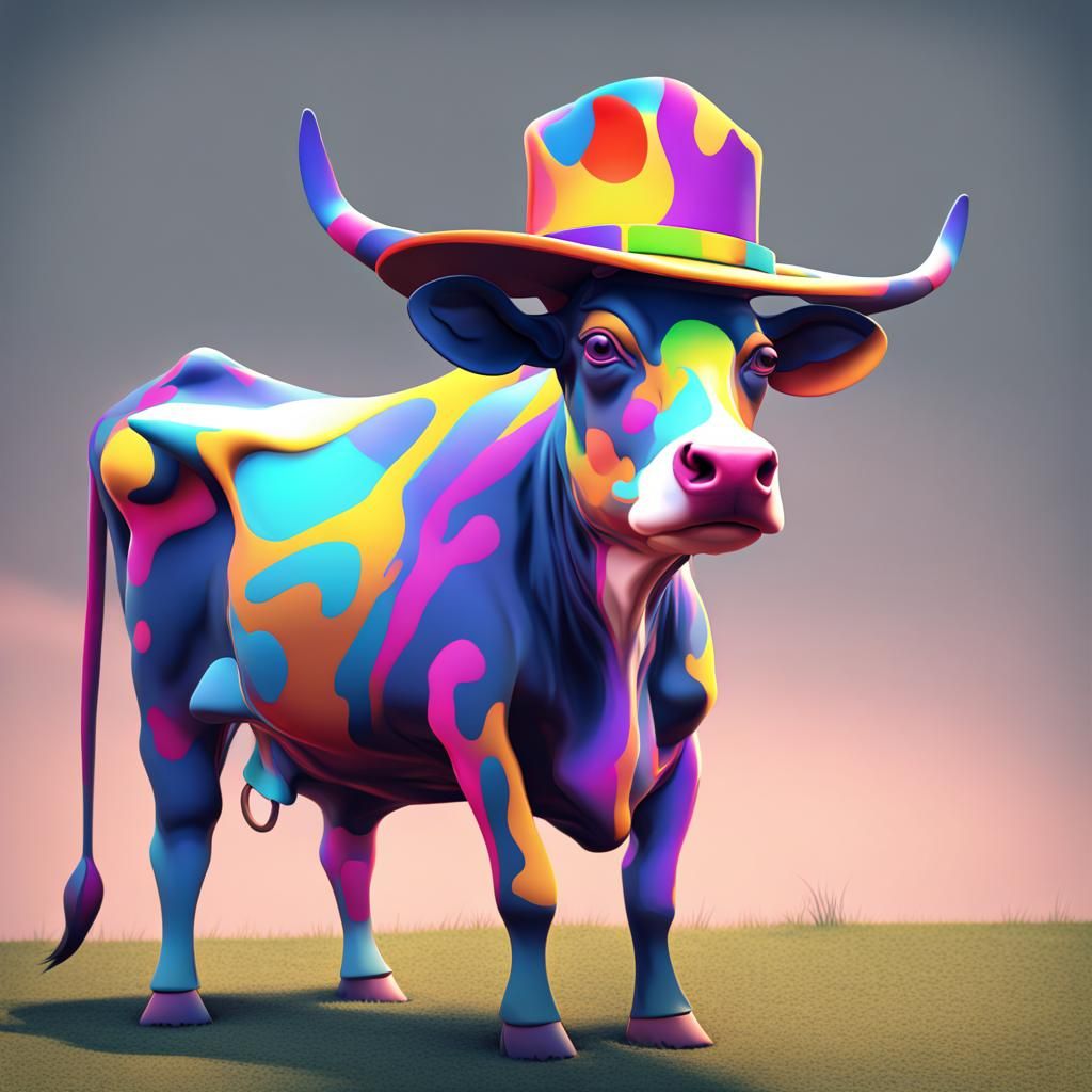 Psychedelic Cow in Hat: Modern Digital Art