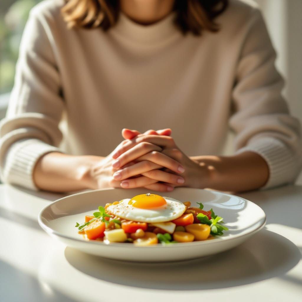 Mindful Meal Moment: Person Pausing in Morning Light