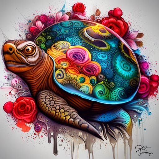 Steampunk Turtle with Flowers in Graffiti Art Style