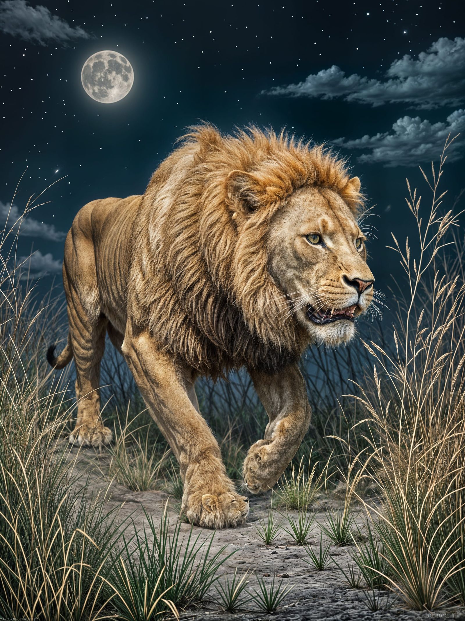 Elderly Lioness Under Starry Night Sky