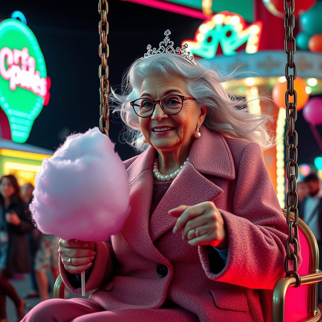 Joyful Elderly Woman on Glowing Carnival Swing
