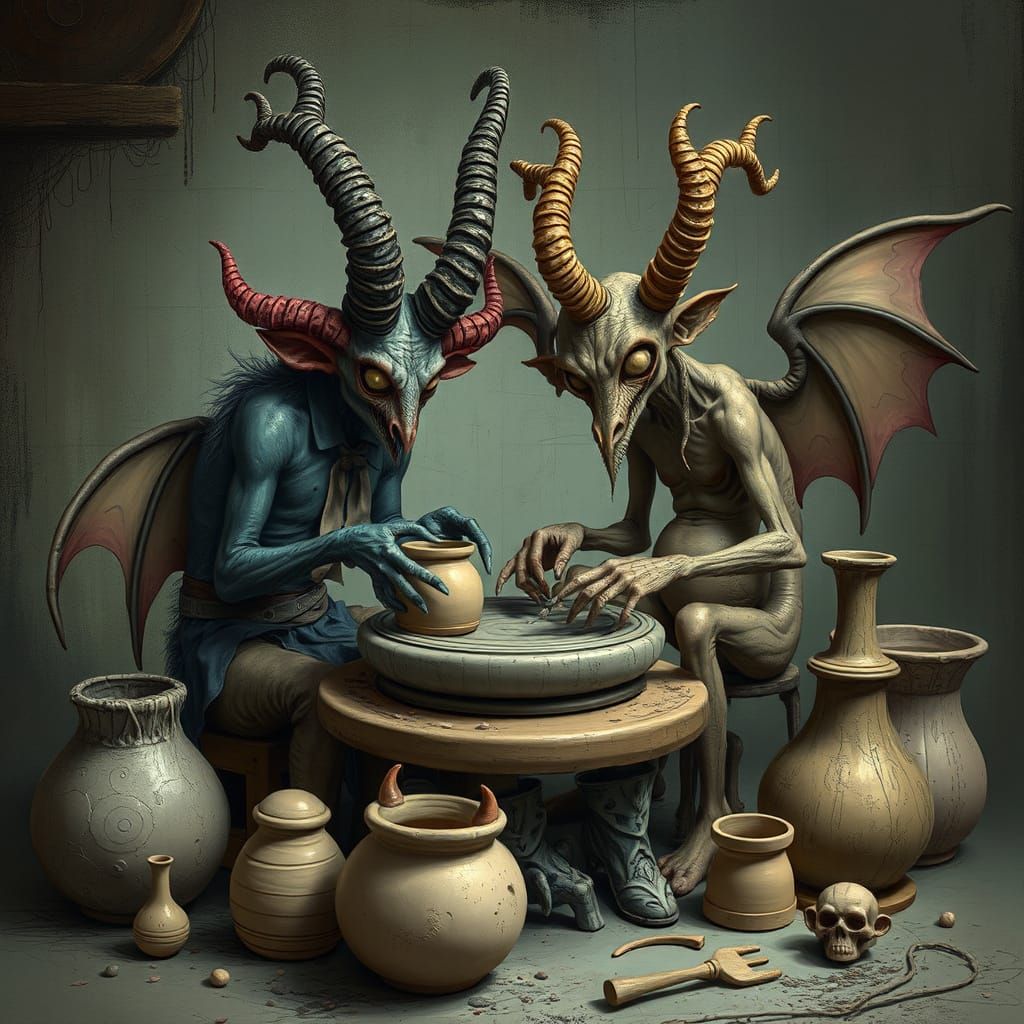 Krampus and Mothman Make Pottery in Whimsical Style