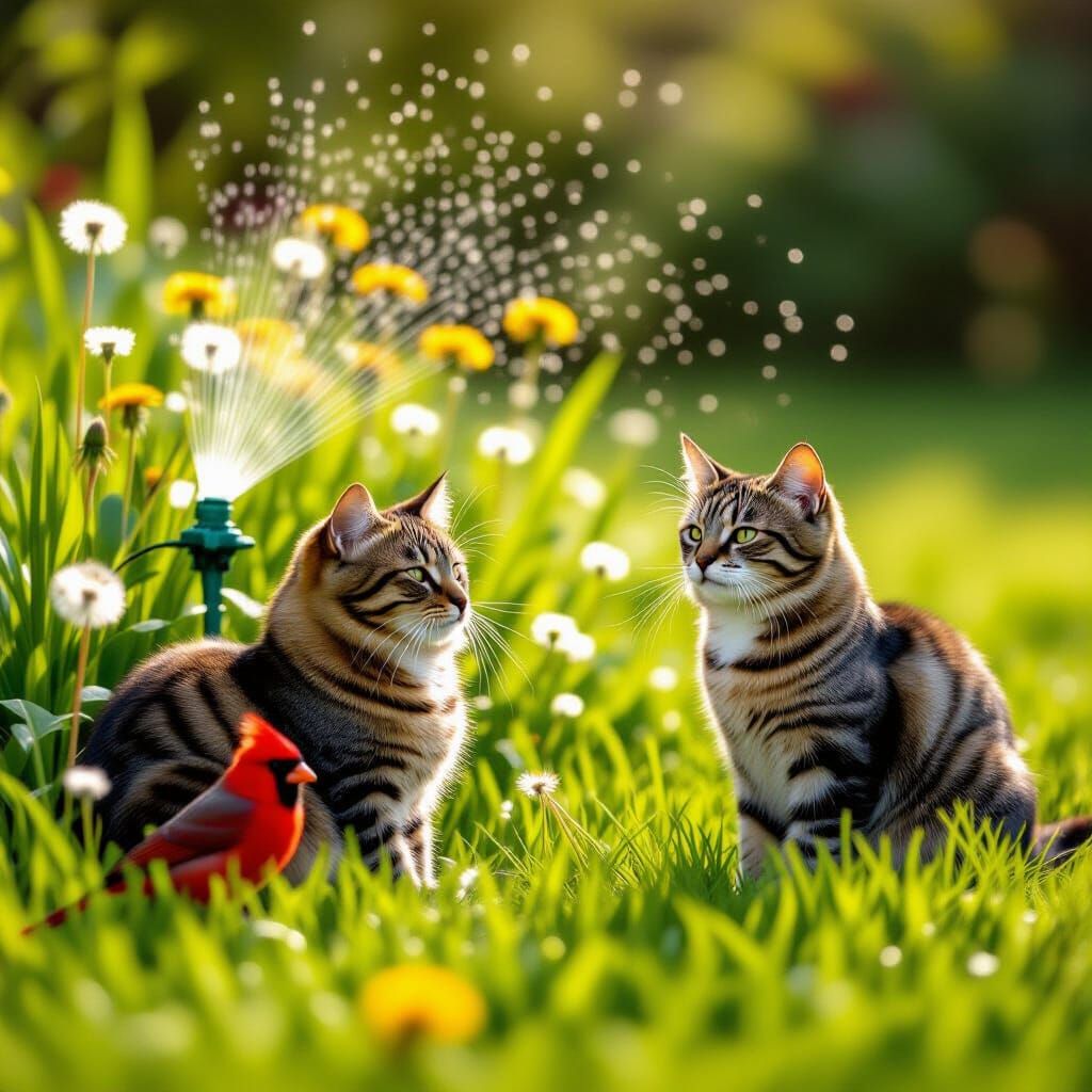 Hyperrealistic Photo of Cat, Cardinal, and Dandelions