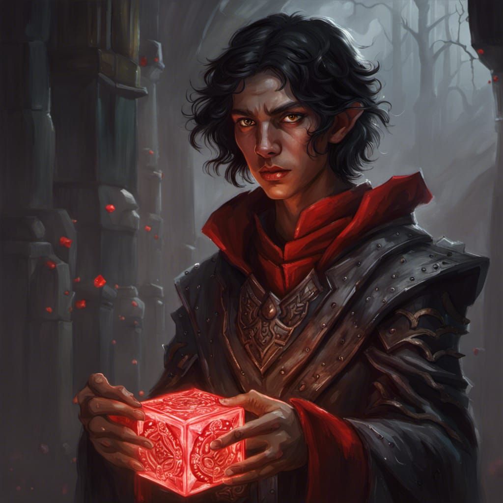 Half Elf Warlock with Puzzle Cube in Dark Fantasy Style