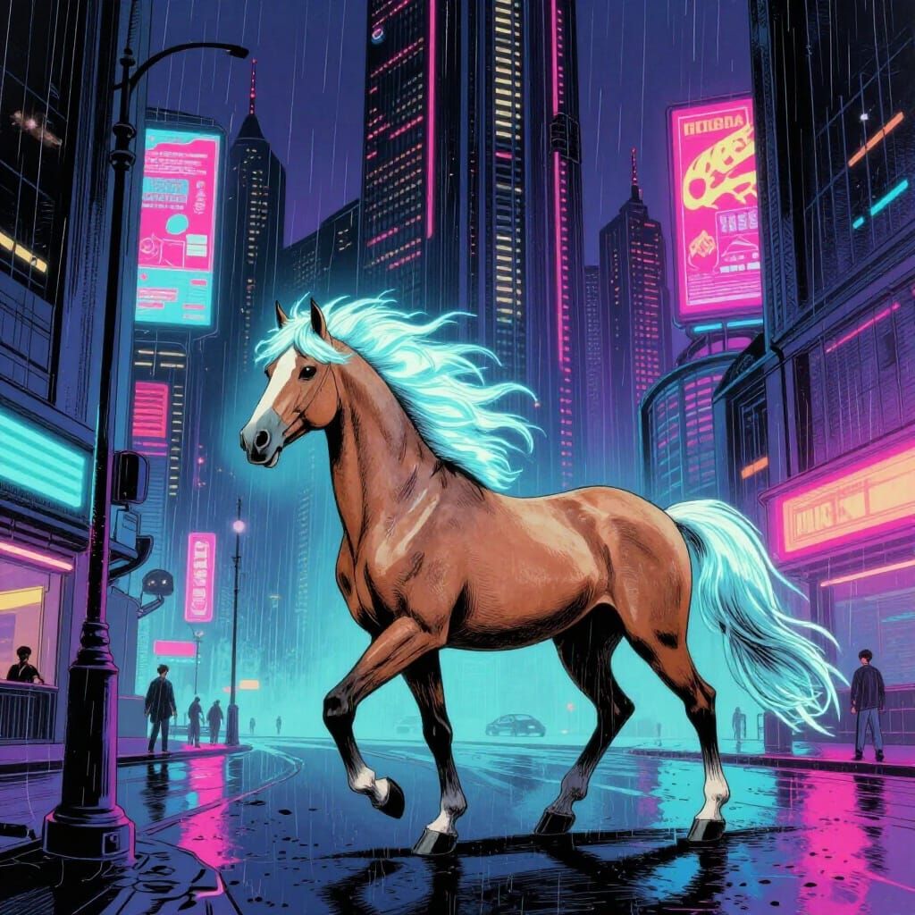Bioluminescent Horse on Neon Dystopian Street