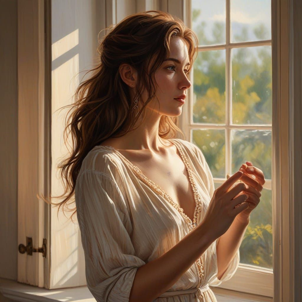 Woman Bathed in Golden Hour Light, Impressionistic Oil Paint...