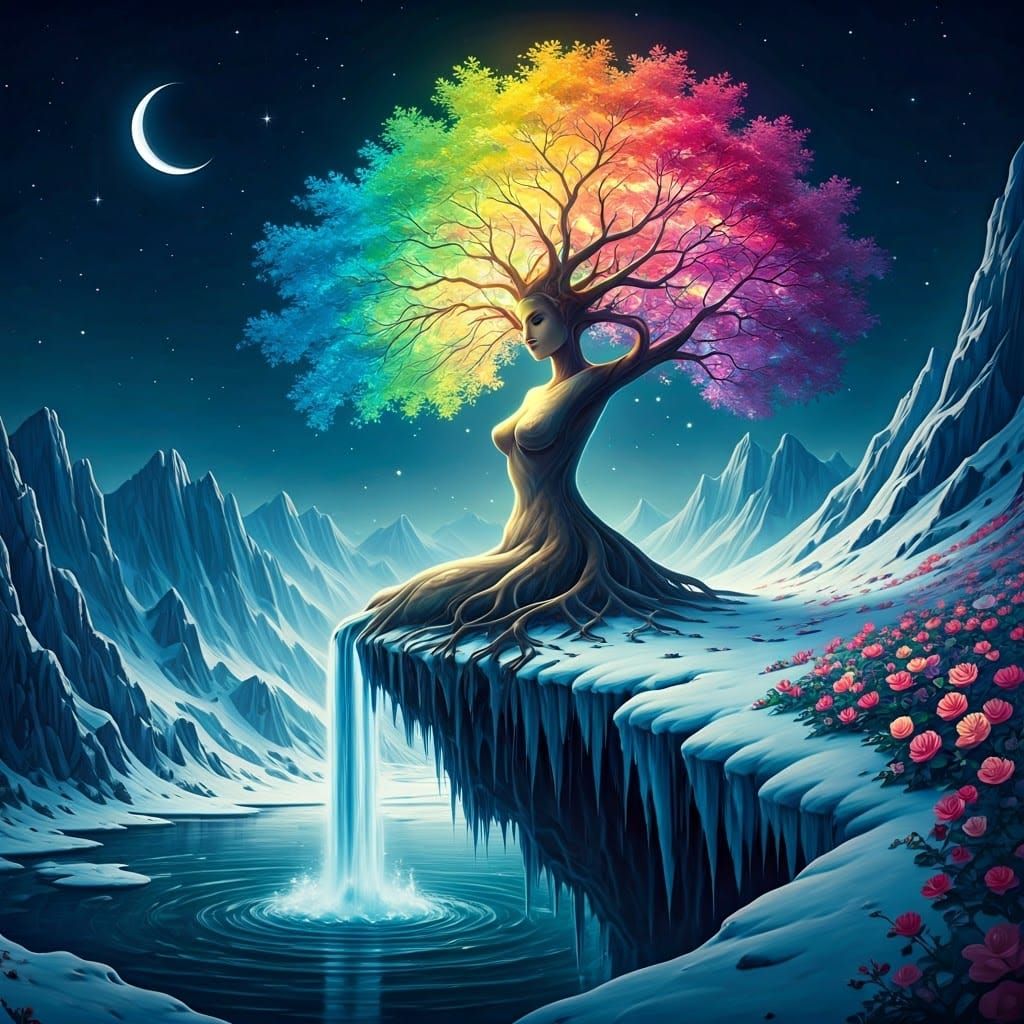 Rainbow Tree Woman on Snowy Cliff