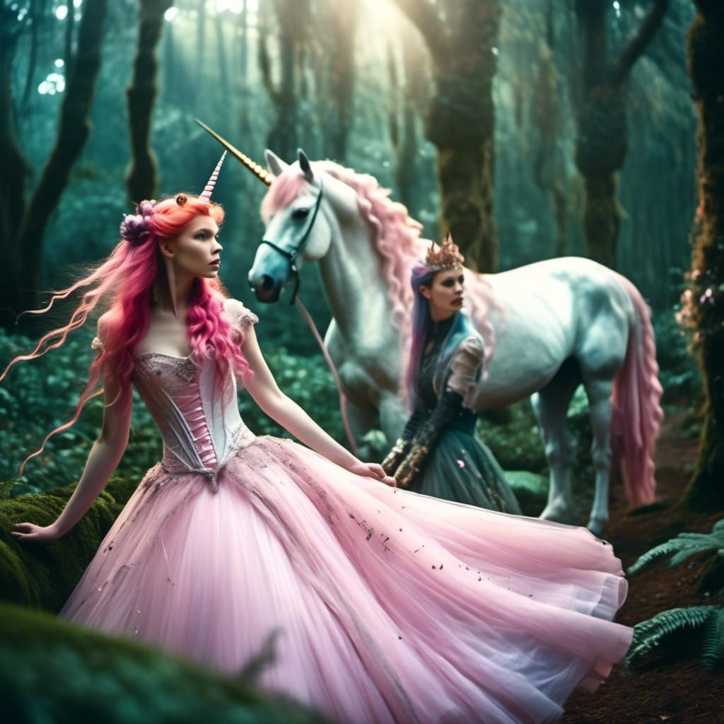 Unicorn and Princess in Mystical Forest