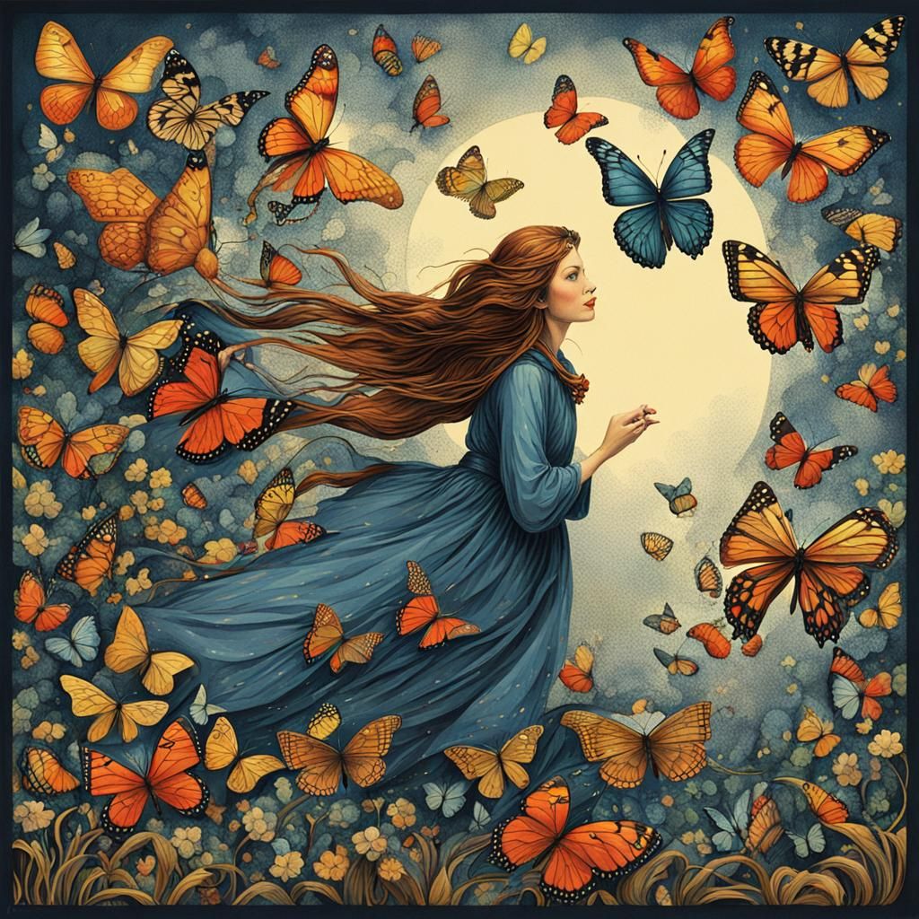 Woman in Flight with Butterflies