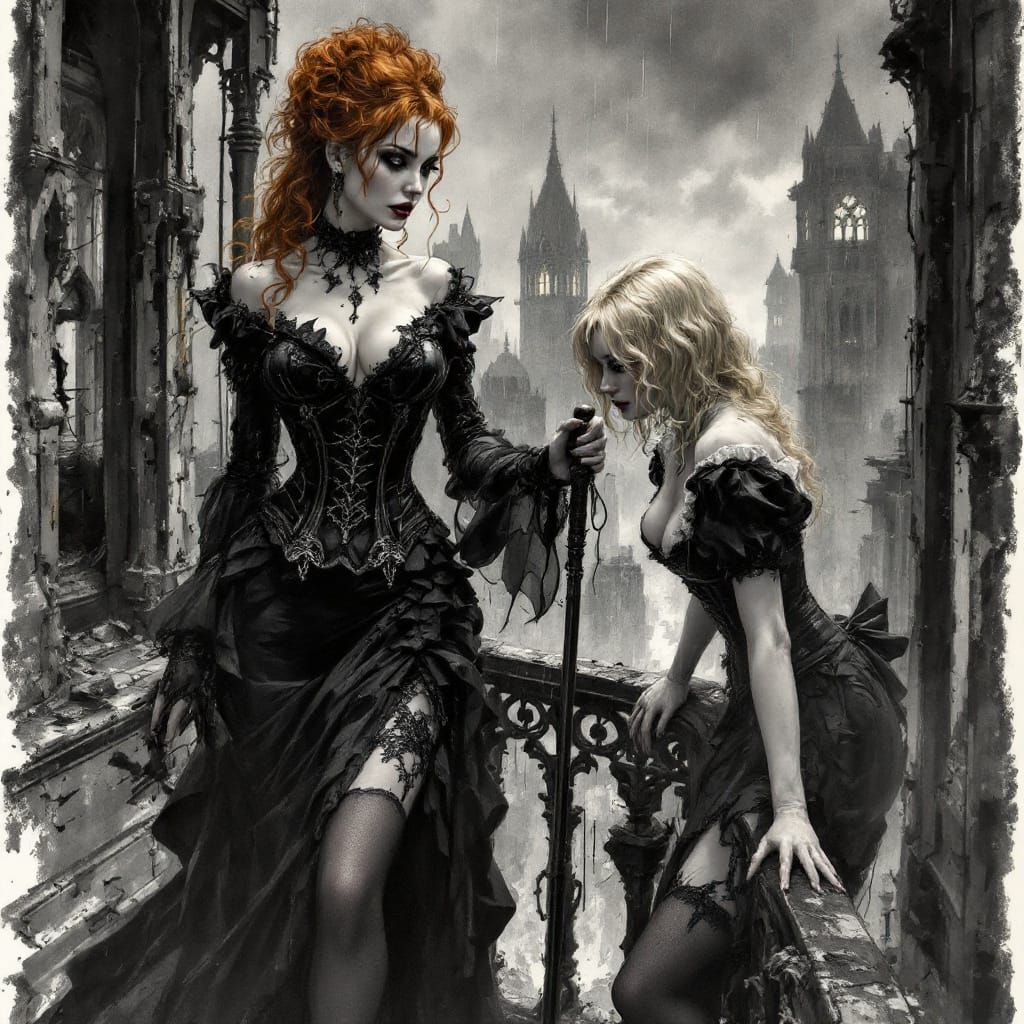 Neo-Victorian Women on Crumbling Balcony in Charcoal Sketch ...