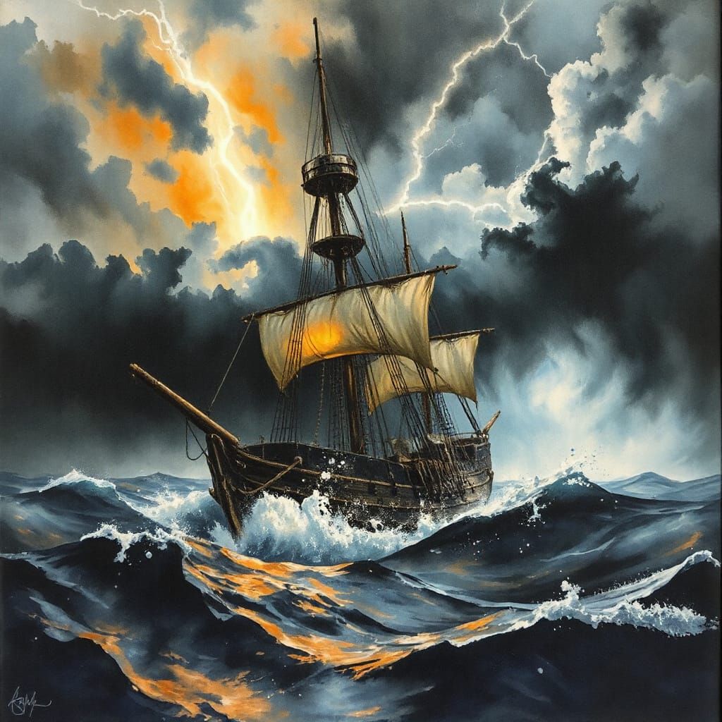 Pirate Ship Battles Midnight Storm in Dramatic Watercolour
