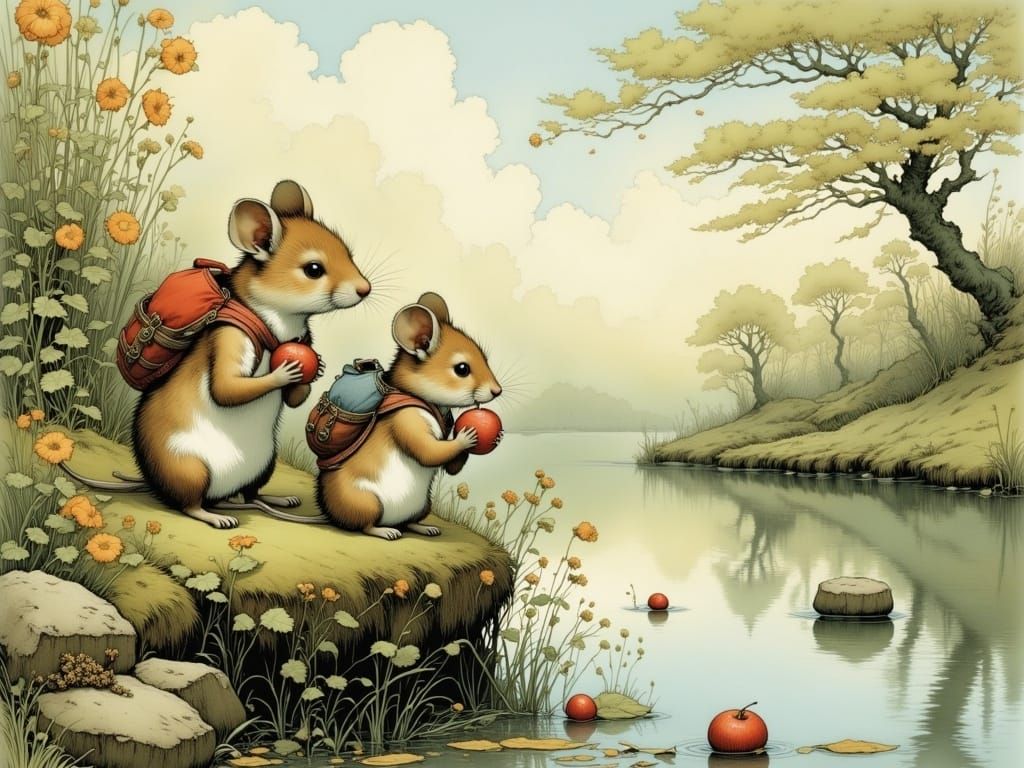 Mice Collect Berries: Whimsical Illustration