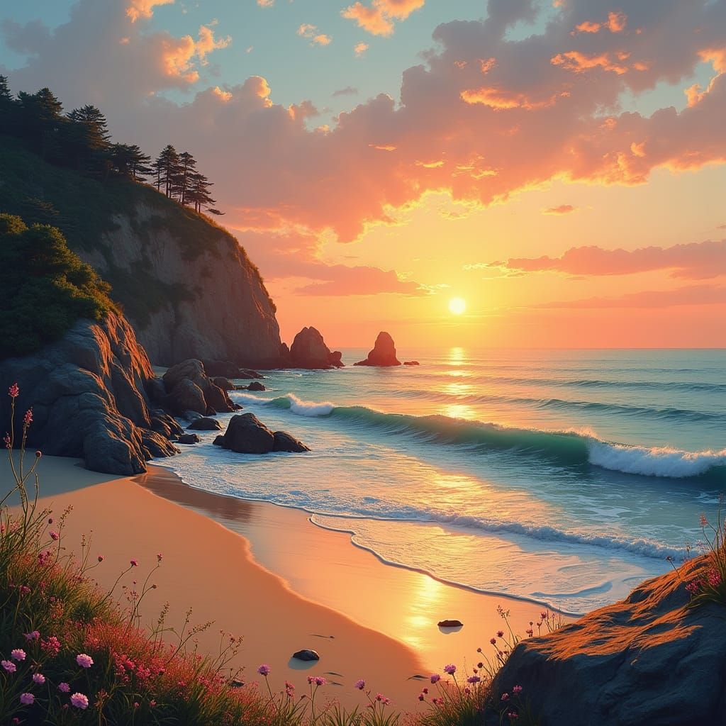 Sunset Coastal Landscape in Impressionist Style