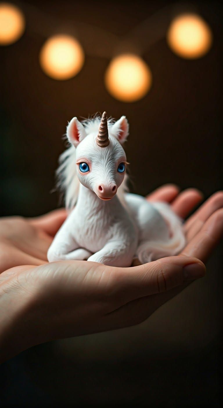 Lifelike Unicorn in Palm of Hand, Cinematic Image