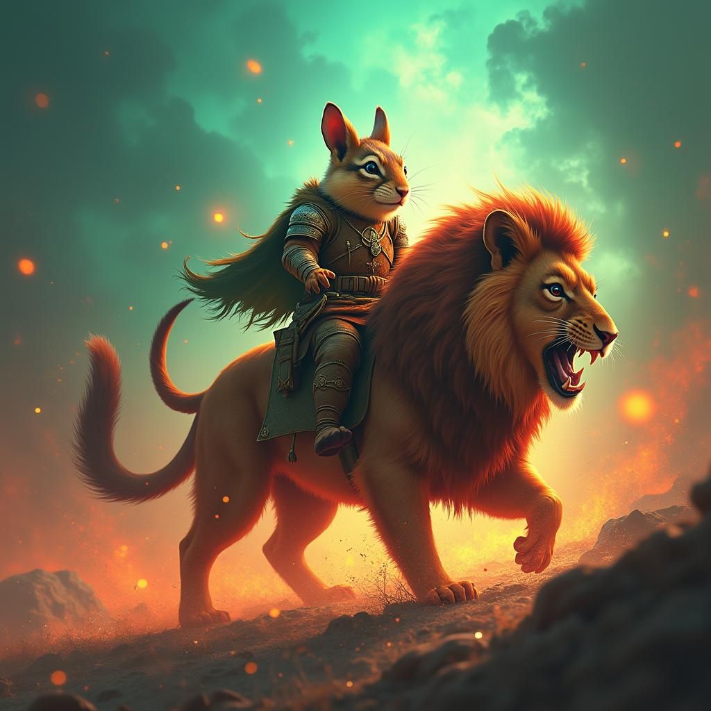 Chipmunk Warrior on Lion Amidst Fiery Battlefield