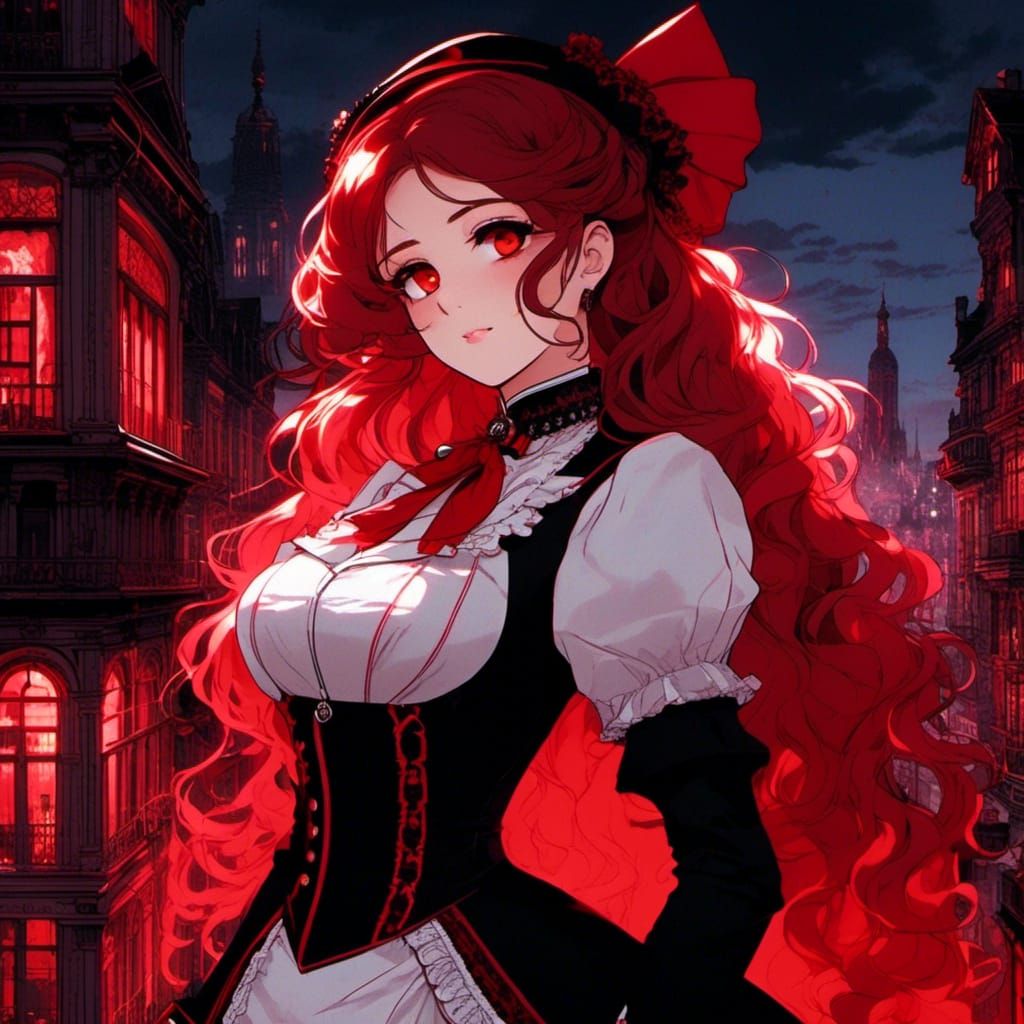 Sinister Redhead in Glitchcore Victorian Nightscape