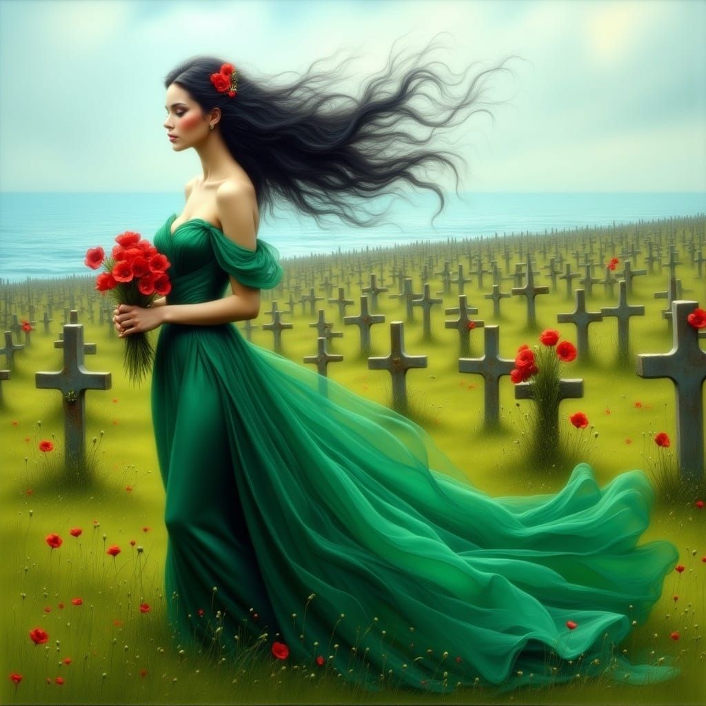 Woman with Poppies on Veterans' Field as Oil Painting