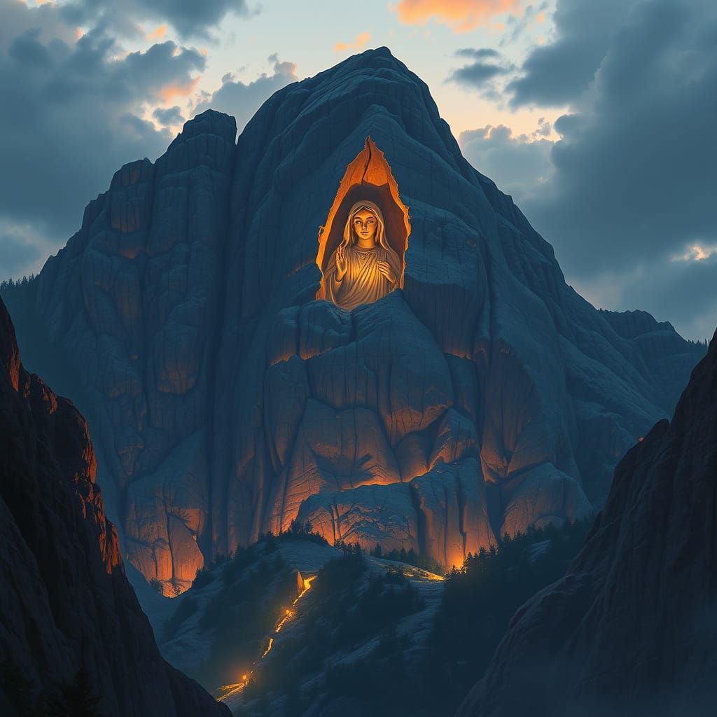 Madonna Face Mountain at Twilight Fantasy Illustration