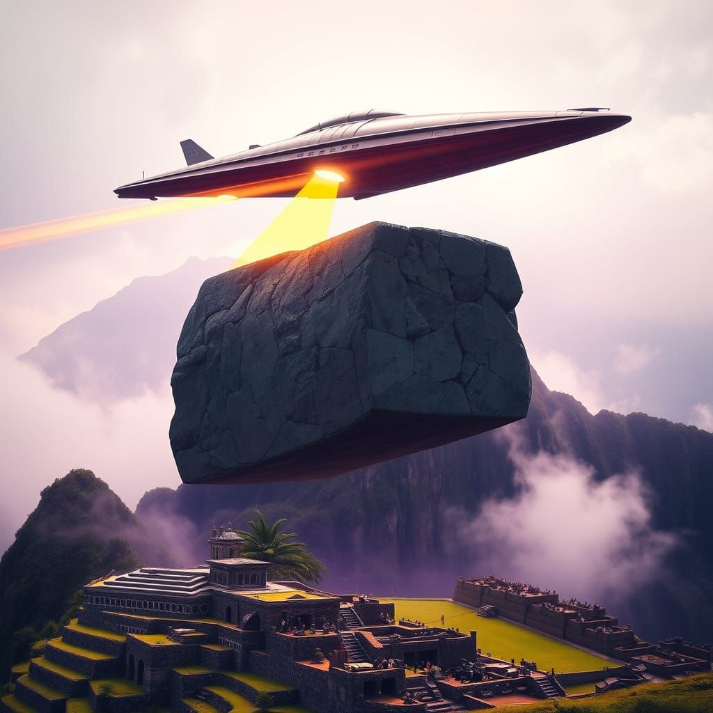 Spaceship Lifts Stone Block Over Machu Picchu
