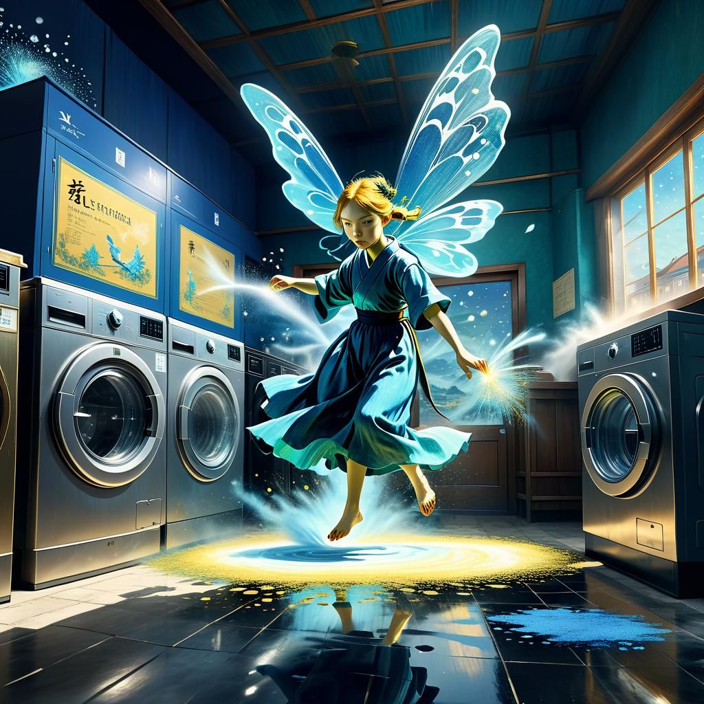 Fairies Fight in Laundromat, Ink and Silk Style