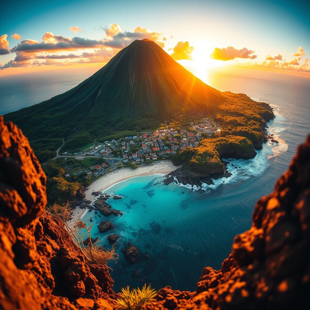 Surreal Hypermaximalist Town Amidst Tropical Volcano