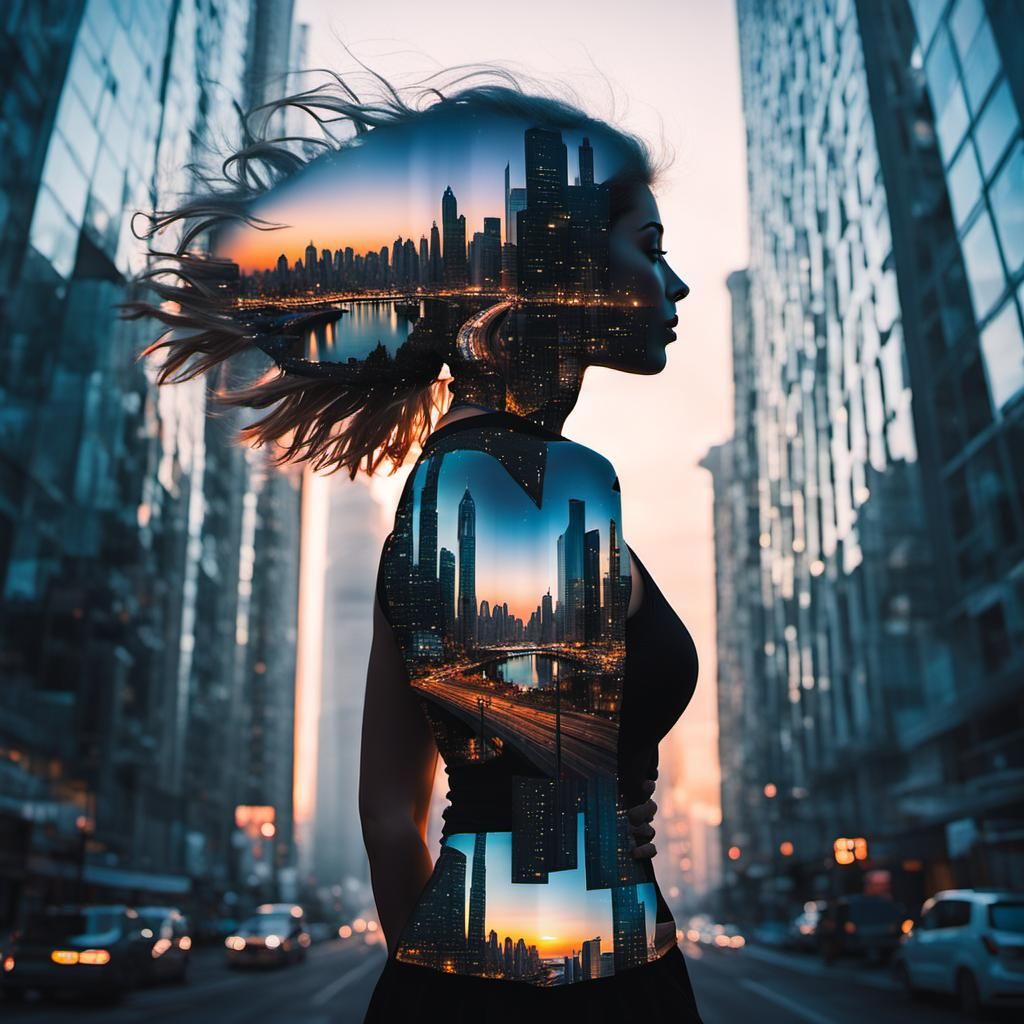 Dreamy Sunset Girl in Double Exposure Style