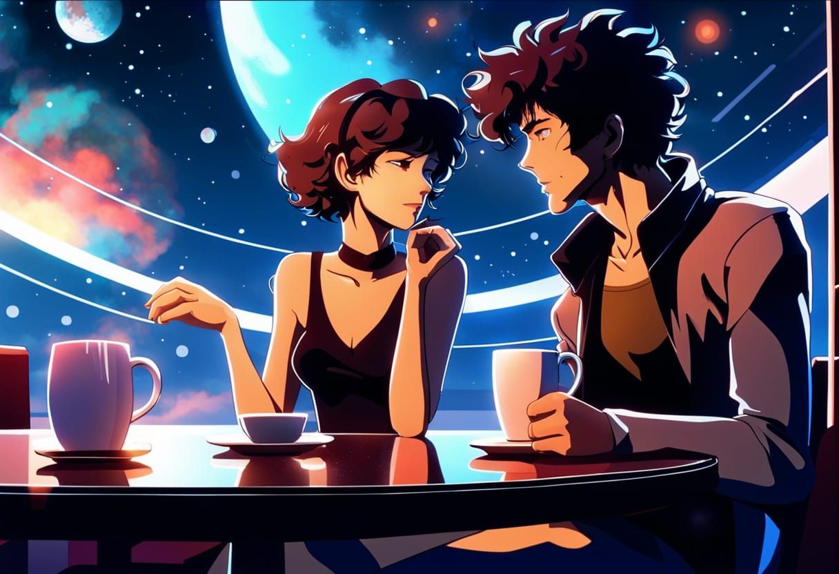 Romantic Space Cafe Date in Anime Style