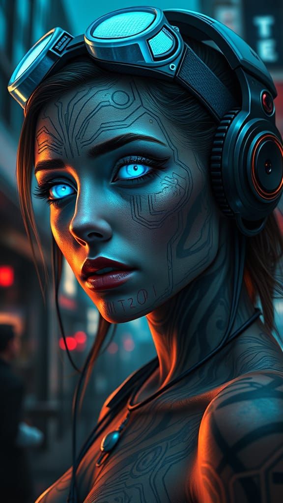 Cyberpunk Goddess in Neon Urban Landscape