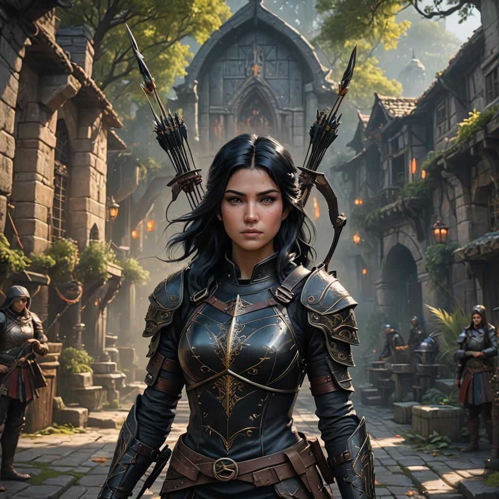 Girl Archer in Black Armor Fantasy Concept Art