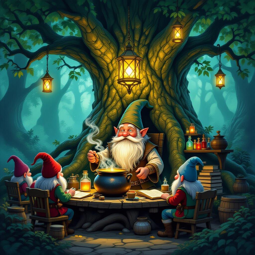 Enchanted Gnome Cafe in Glowing Forest Roots