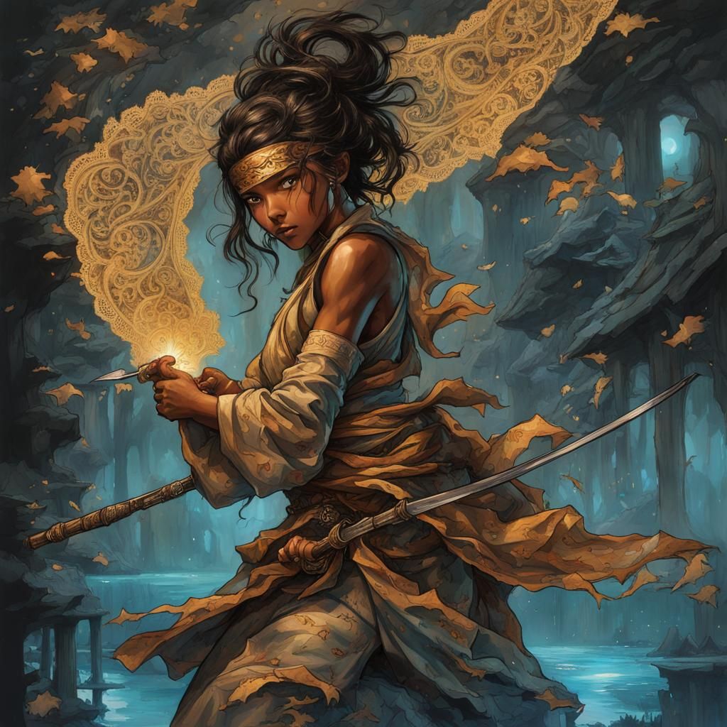 Bioluminescent Ninja Duel in Dark Fantasy Lace Art