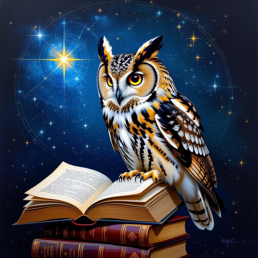 Wise Owl on Books, Illuminated by Celestial Map