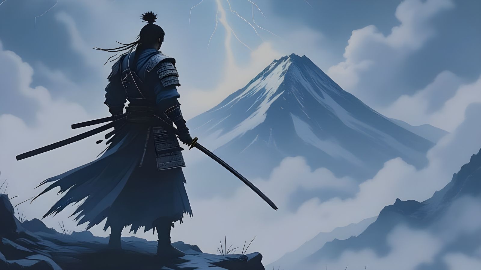 Samurai on Stormy Peak in Ink Wash Comic Style