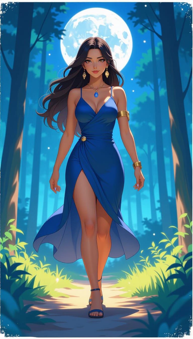 Latina Woman in Moonlit Forest: 3D Anime Style