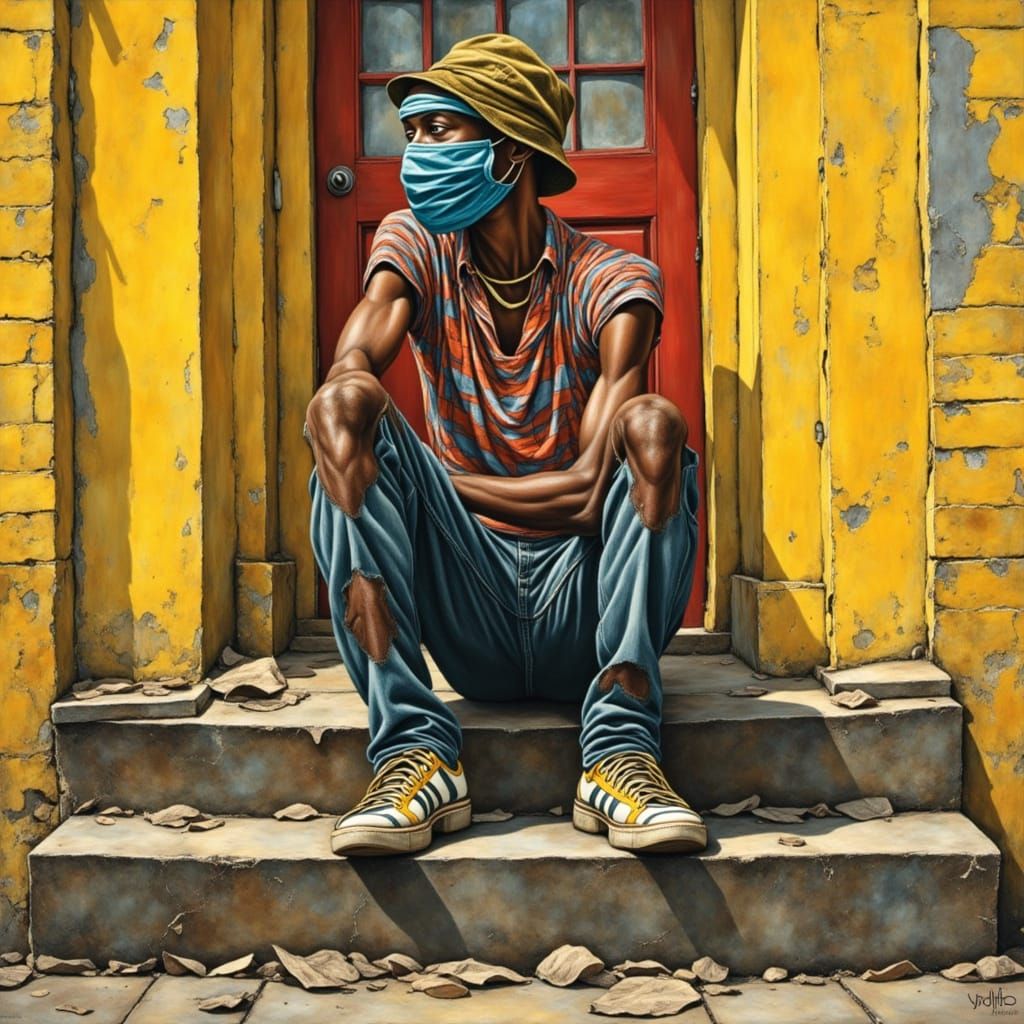 Masked Figure on Yellow Steps: A Portrait of Resilience