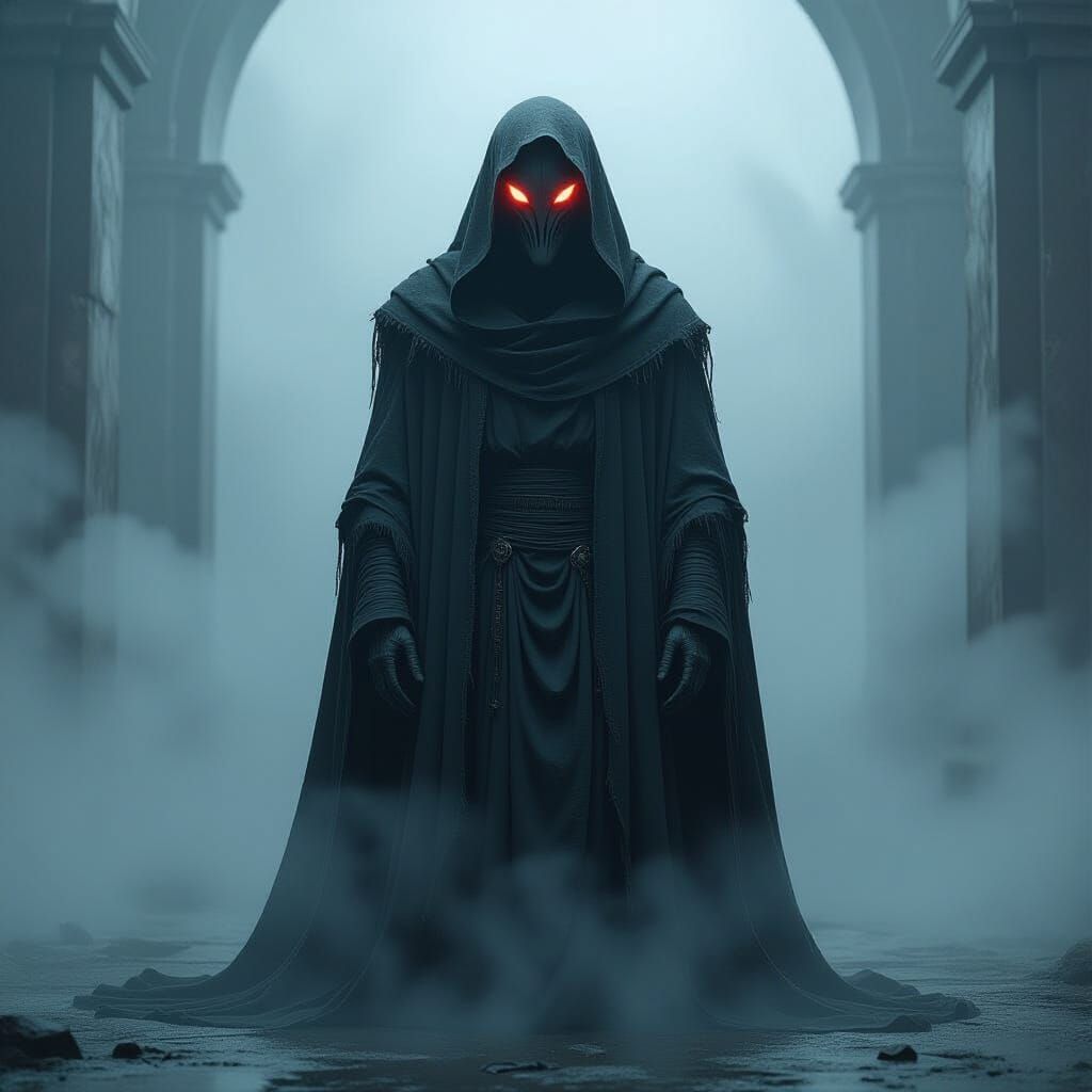 Terrifying Alien in Misty Room with Red Eyes