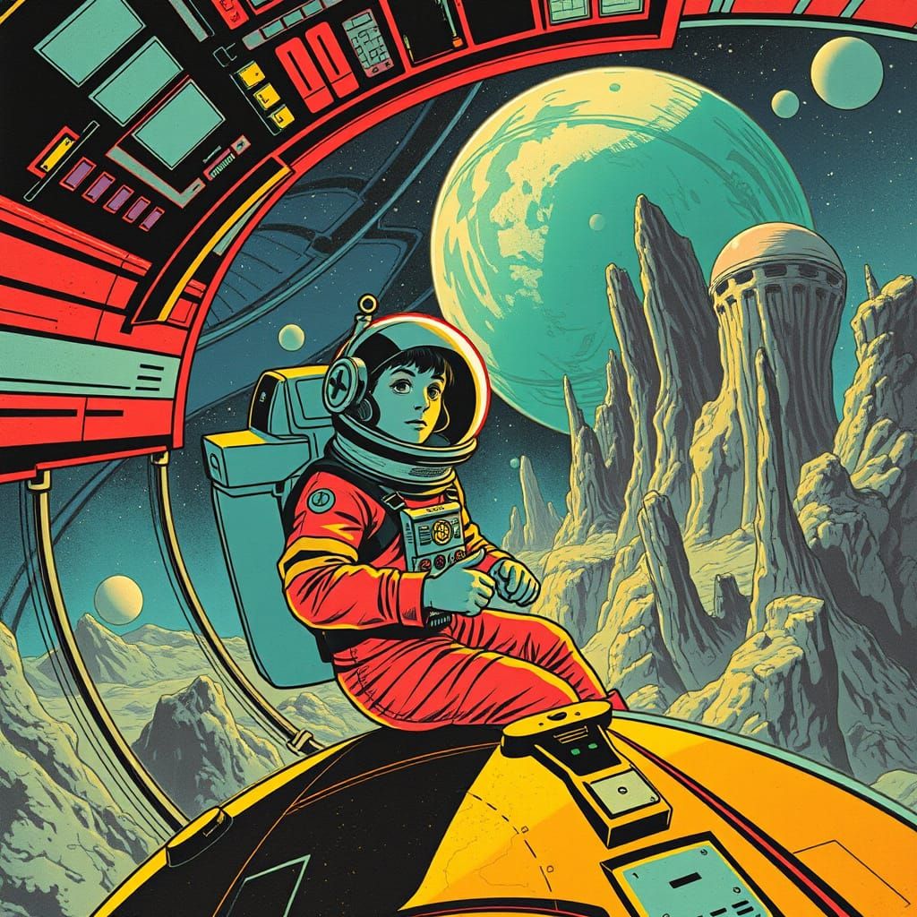 Retro Astronaut Exploring Mystical Planet in Pulp Style