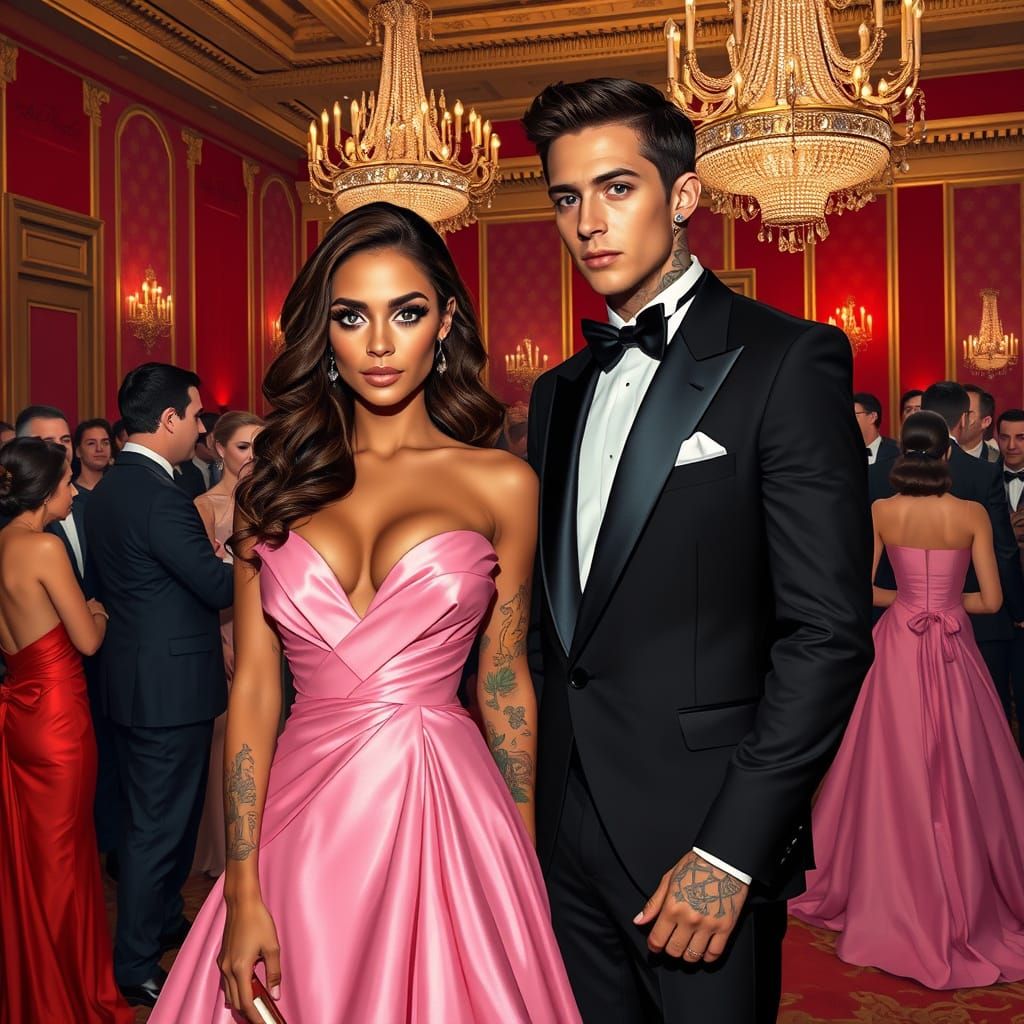 Elegant Couple in Lavish Red and Gold Ballroom