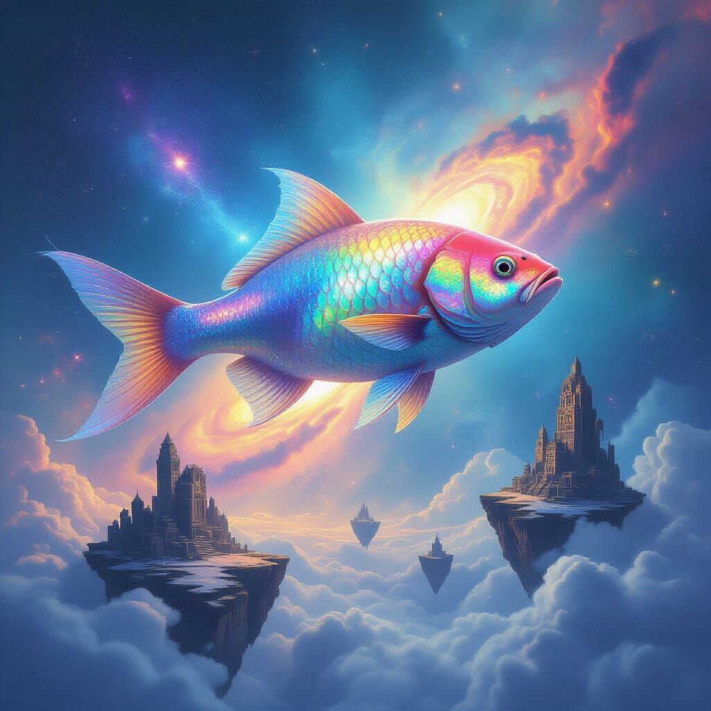 Giant Iridescent Fish Cosmic Rebirth in Ancient Cityscape