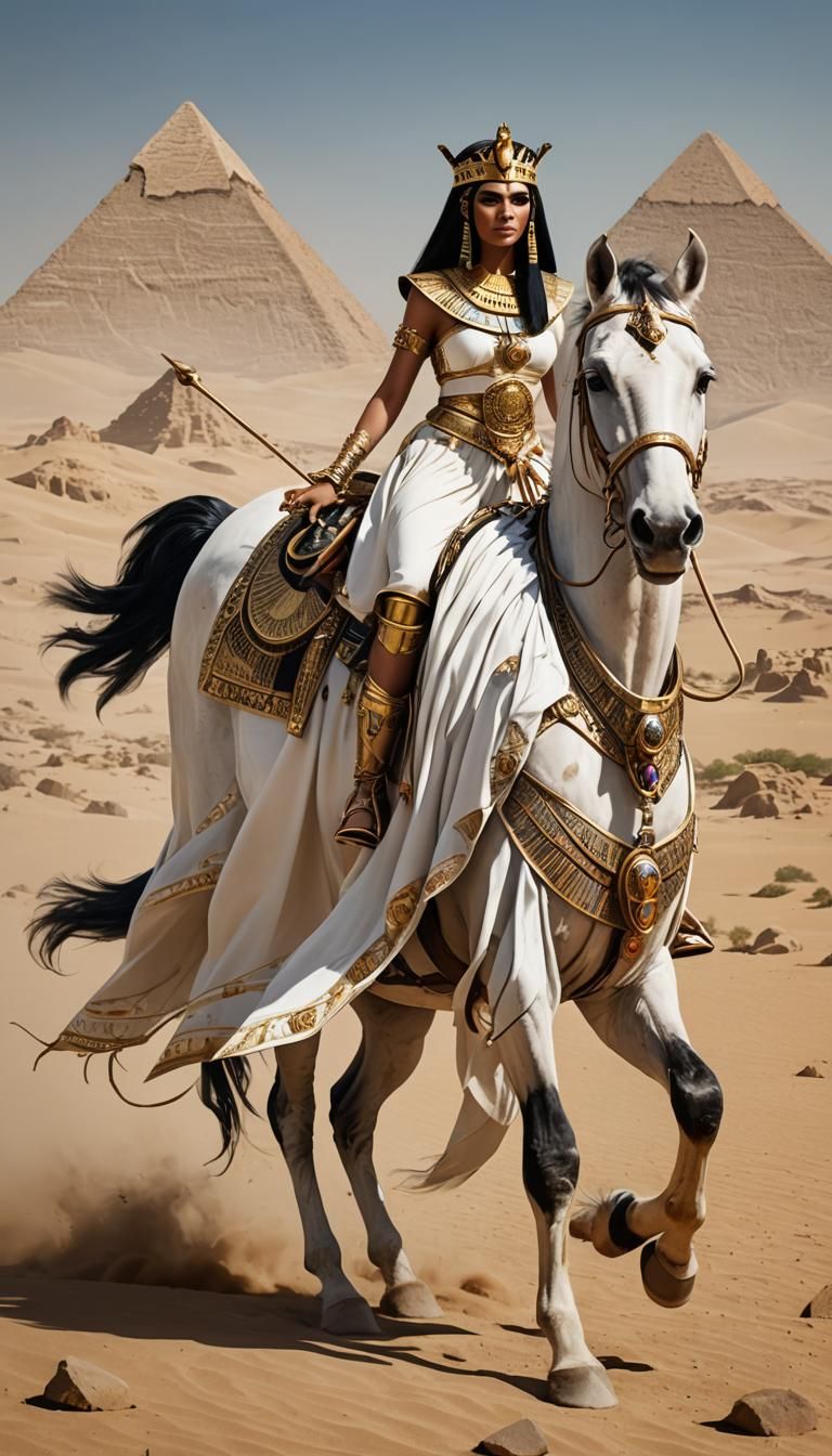 Cleopatra on White Horse in Egyptian Desert