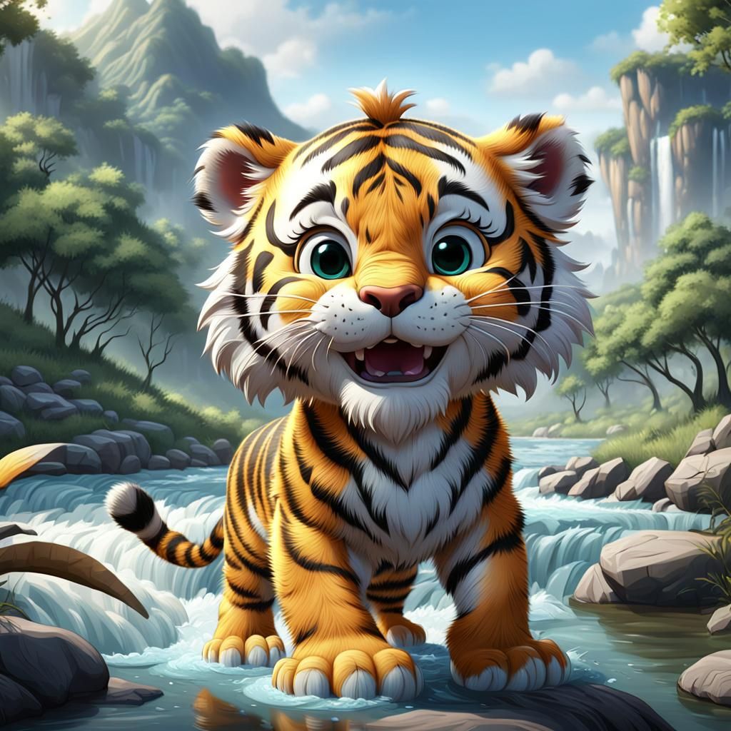 Cute Cartoon Tiger Cub by the River