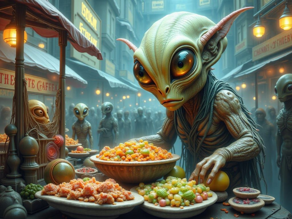 Alien Food Stall Vendor in Dark Fantasy Market