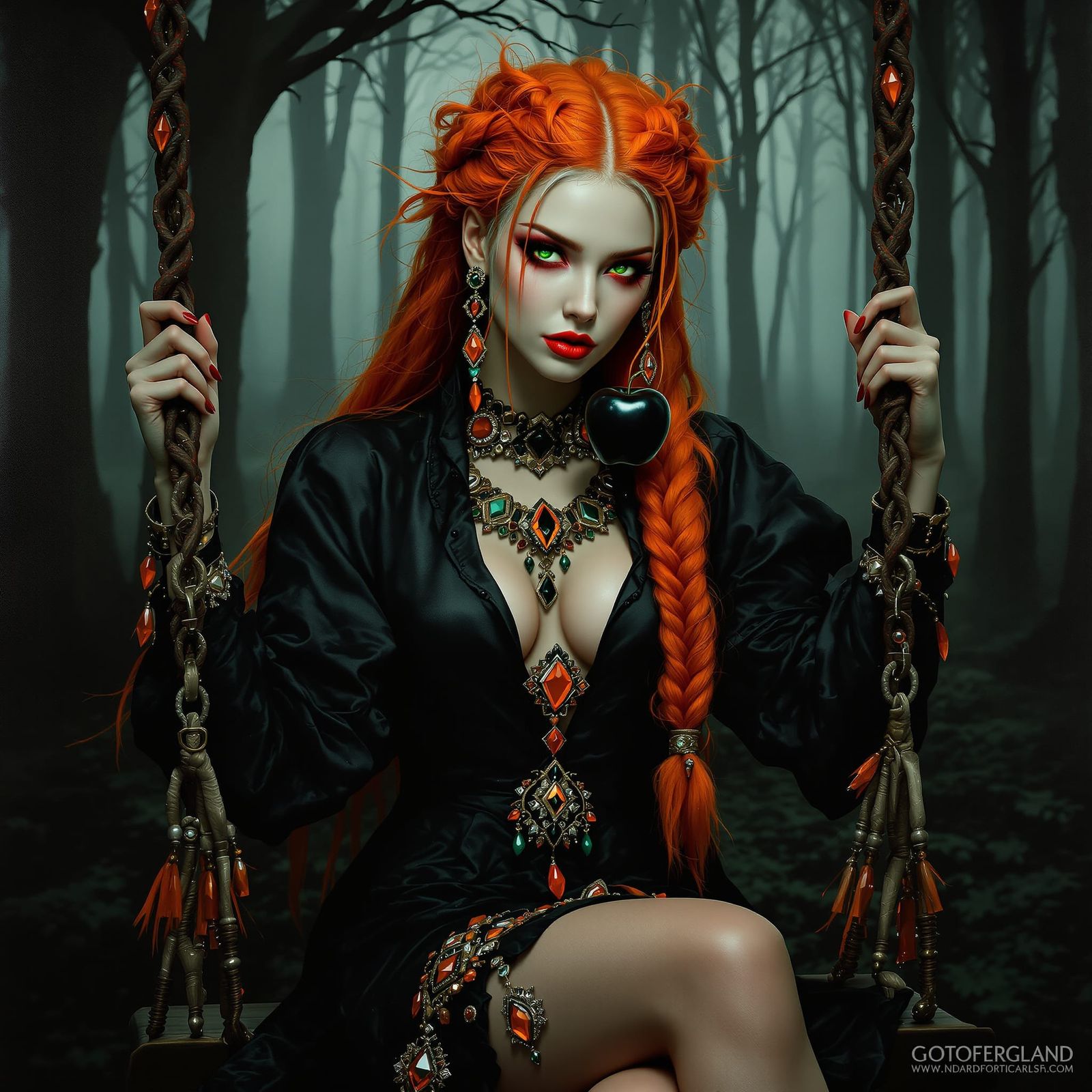 Gothic art style hyperrealistic enchanting woman, long neon orange and white hair, in French braids, neon green eyes, or...