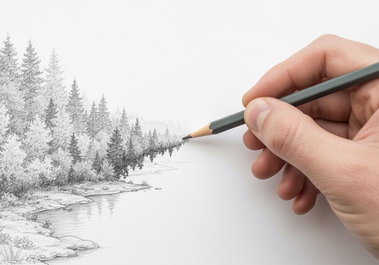 Surreal Landscape Dissolving into Pencil Sketch